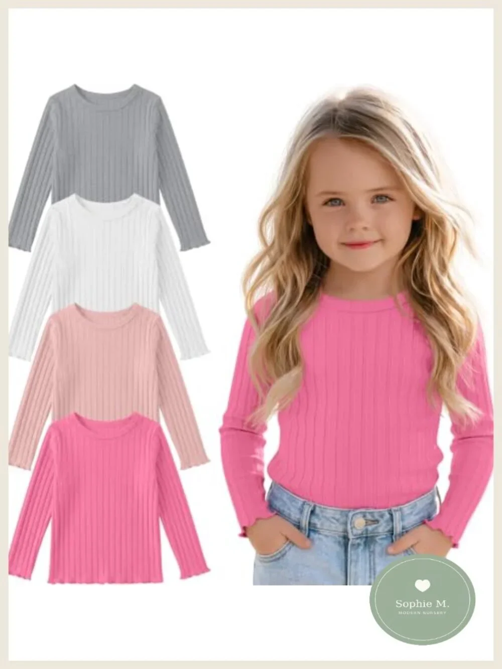 4-Pack Toddler Girls Long Sleeve Cotton Ribbed Knit Tees with Lettuce Trim Slim